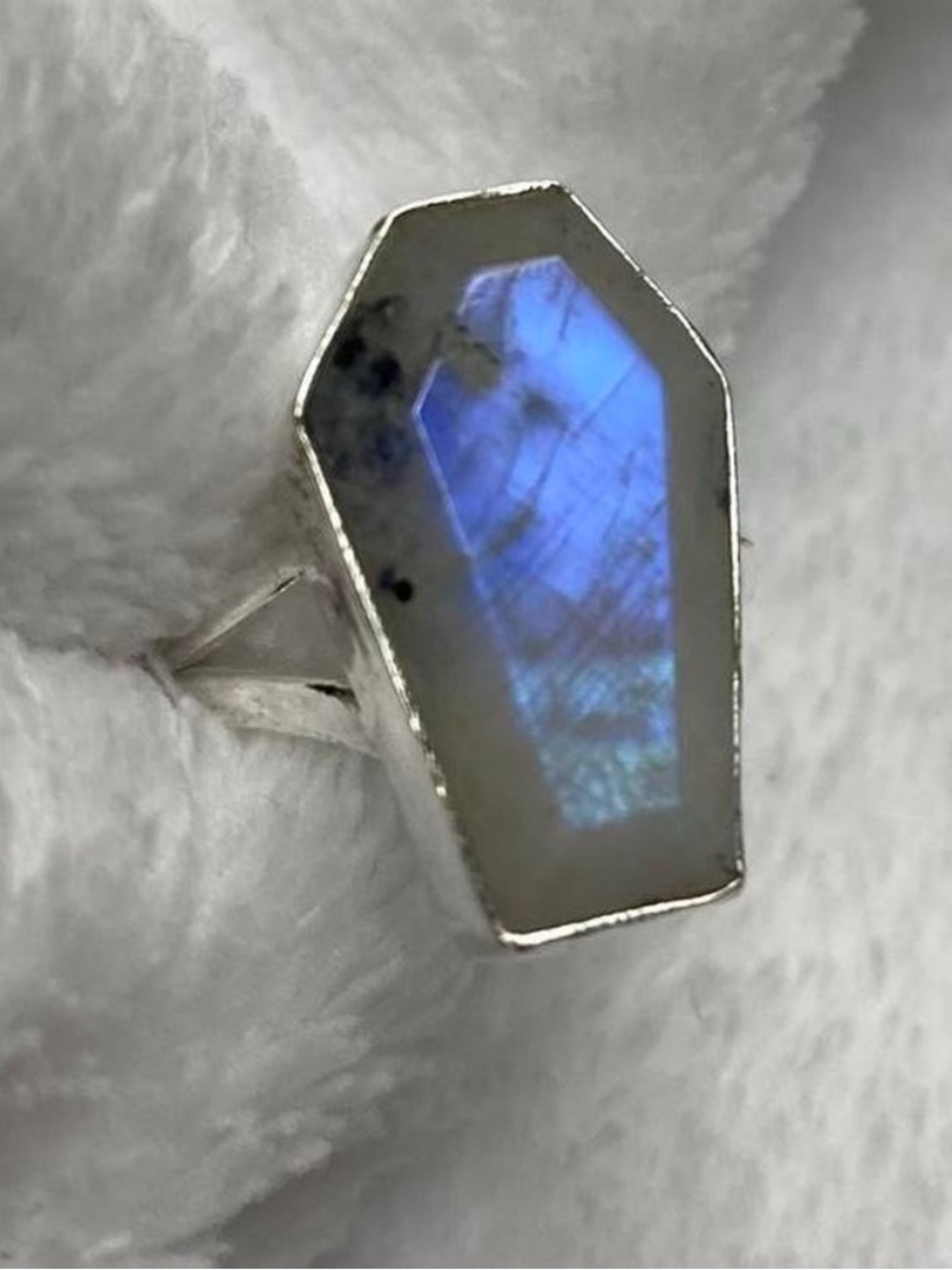 925 Silver Ring with Blue Flash Rainbow Moonstone Gemstone